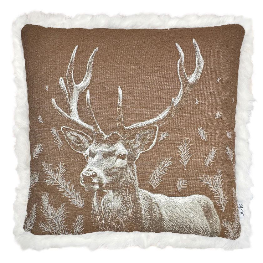 Wendekissenhuelle Fellrand Heino Adalbert-Amlach 60×60 cm - Gewebtes Hirschdesign mit Tannenzweigen Wendekissenhuelle Fellrand Heino Adalbert-Amlach 60×60 cm - Gewebtes Hirschdesign mit Tannenzweigen