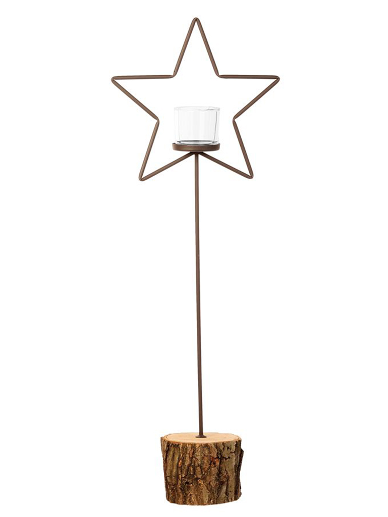 Stilvolles Eisen-Windlicht Stern auf Holzfuß, Höhe 90 cm Stilvolles Eisen-Windlicht Stern auf Holzfuß, Höhe 90 cm