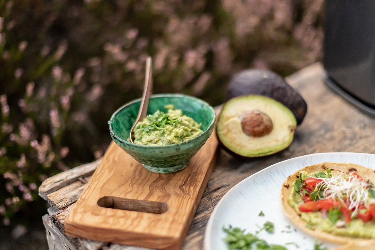 Mit einem Bianco di Puro Mixer hergestellte Guacamole in einer Keramikschüssel auf einem Holzbrett