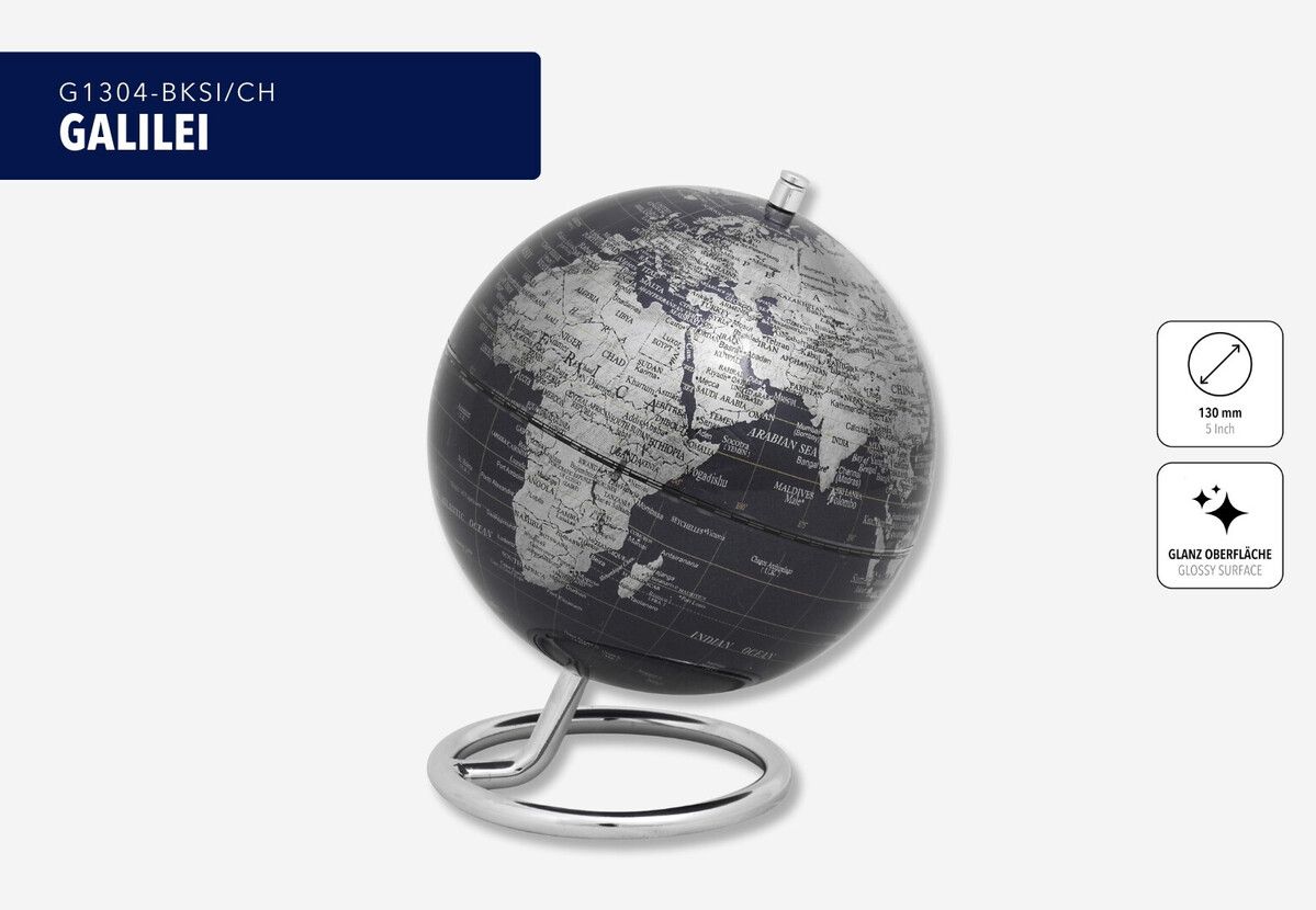 Premium Mini-Globus ‚Galilei‘ – 13 cm Weltkugel mit Metallring schwarz/silber Premium Mini-Globus ‚Galilei‘ – 13 cm Weltkugel mit Metallring schwarz/silber