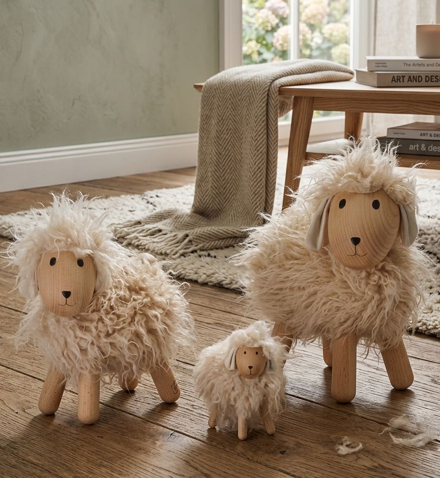ALBERT Holzschaf mit Webpelz-Fell - drehbarer Kopf