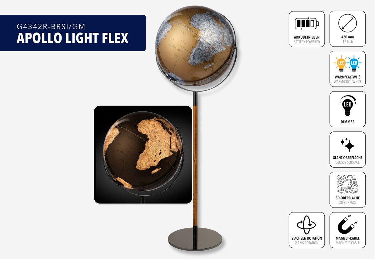 LED-Leuchtglobus 43,5 cm „Apollo Light Flex“ – Dimmbar, drehbar & mit Relief silber/gunmetal/bronze LED-Leuchtglobus 43,5 cm „Apollo Light Flex“ – Dimmbar, drehbar & mit Relief silber/gunmetal/bronze