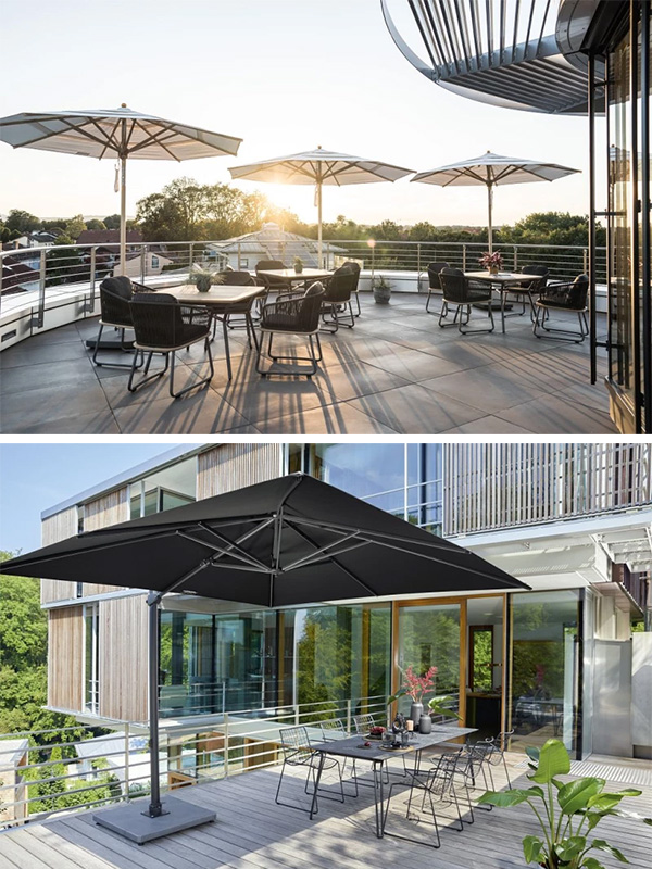 Gastroschirm Terrasse Premium Verschiedene Ausführungen von Premium Gastroschirmen auf Außenterrassen