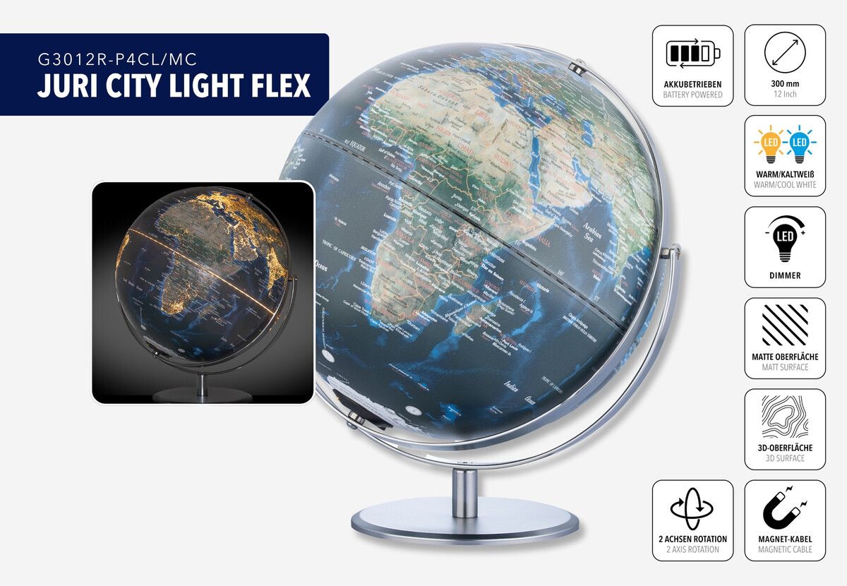 LED-Leuchtglobus 30 cm „ Juri City Light Flex“ – Dimmbar, drehbar & kabellos grün/blau