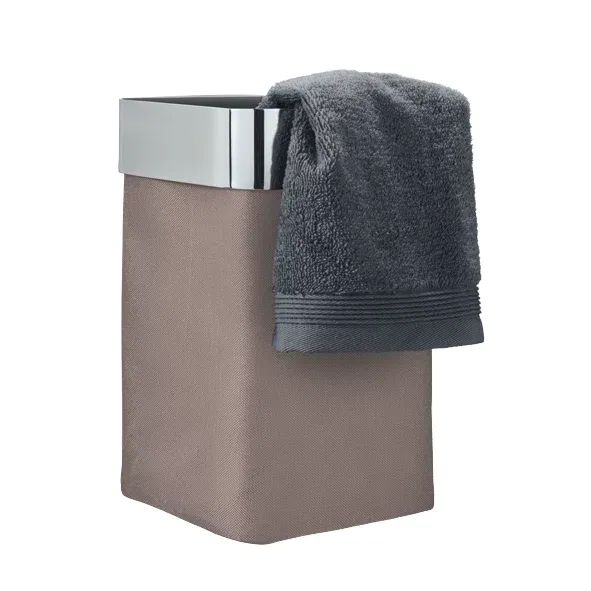 Gästehandtuchkorb NEXIO Taupe – Eleganter Korb mit poliertem Edelstahlrand Gästehandtuchkorb NEXIO Taupe – Eleganter Korb mit poliertem Edelstahlrand