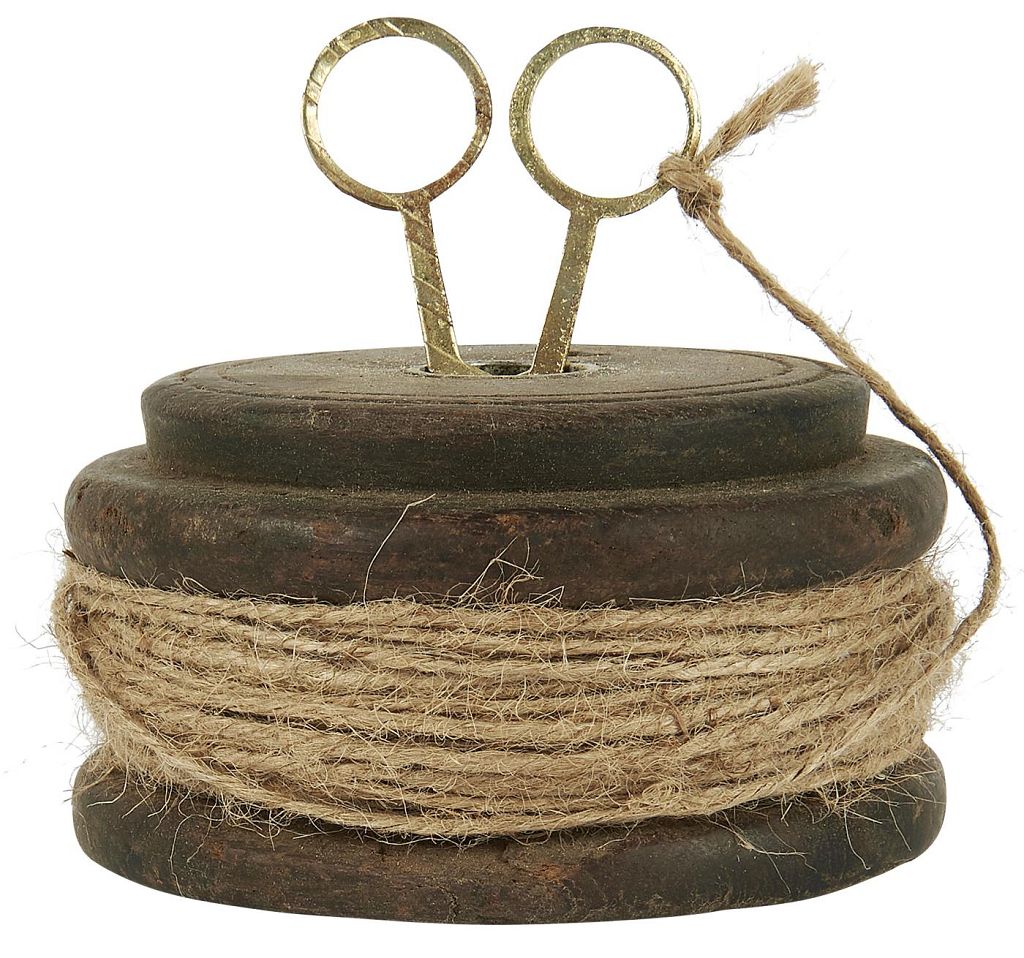 Holzspule mit Juteschnur und Schere