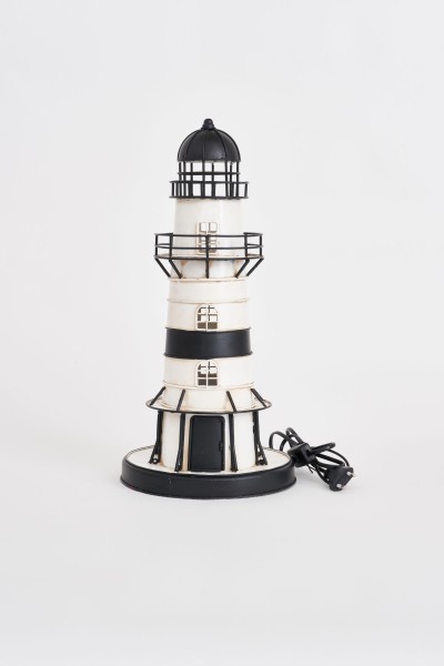 Leuchtturm LED Metall schwarz-weiß, Höhe 44 cm