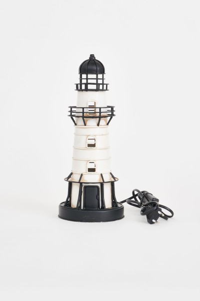 Leuchtturm LED Metall schwarz-weiß, Höhe 32 cm